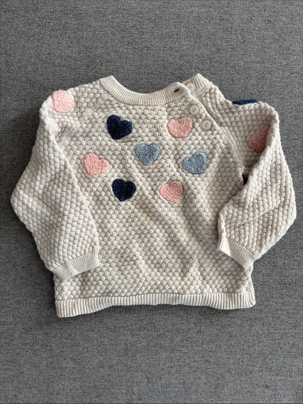 H&M Cream Textured Sweater with Pink, Navy & Light Blue Hearts